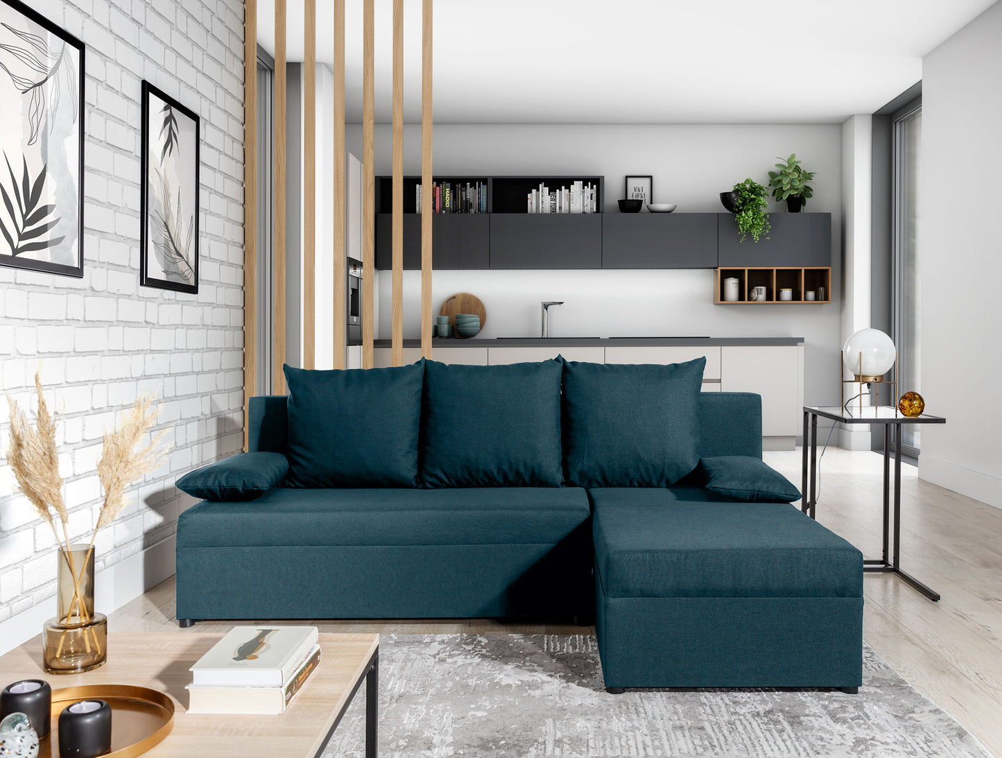 Narożnik Gino w kolorze Nube 40 granatowy, ustawiony w nowoczesnym salonie z dużymi oknami i jasnym wystrojem.