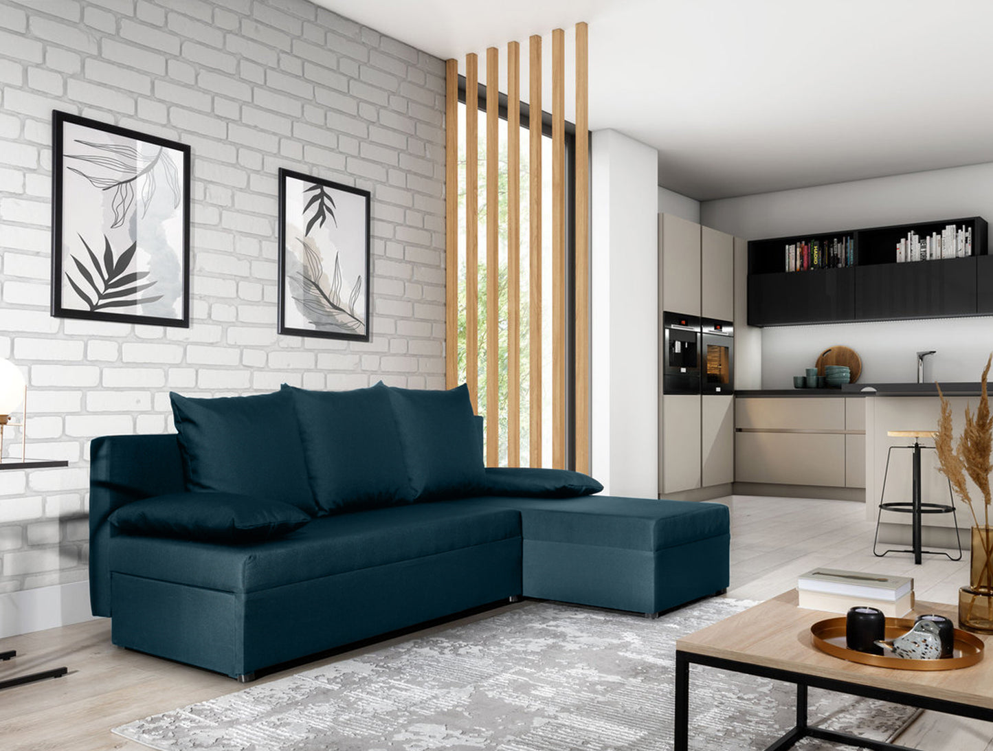 Rozłożony narożnik Gino w kolorze Nube 40 granatowy z funkcją spania, w eleganckim salonie z drewnianą podłogą.