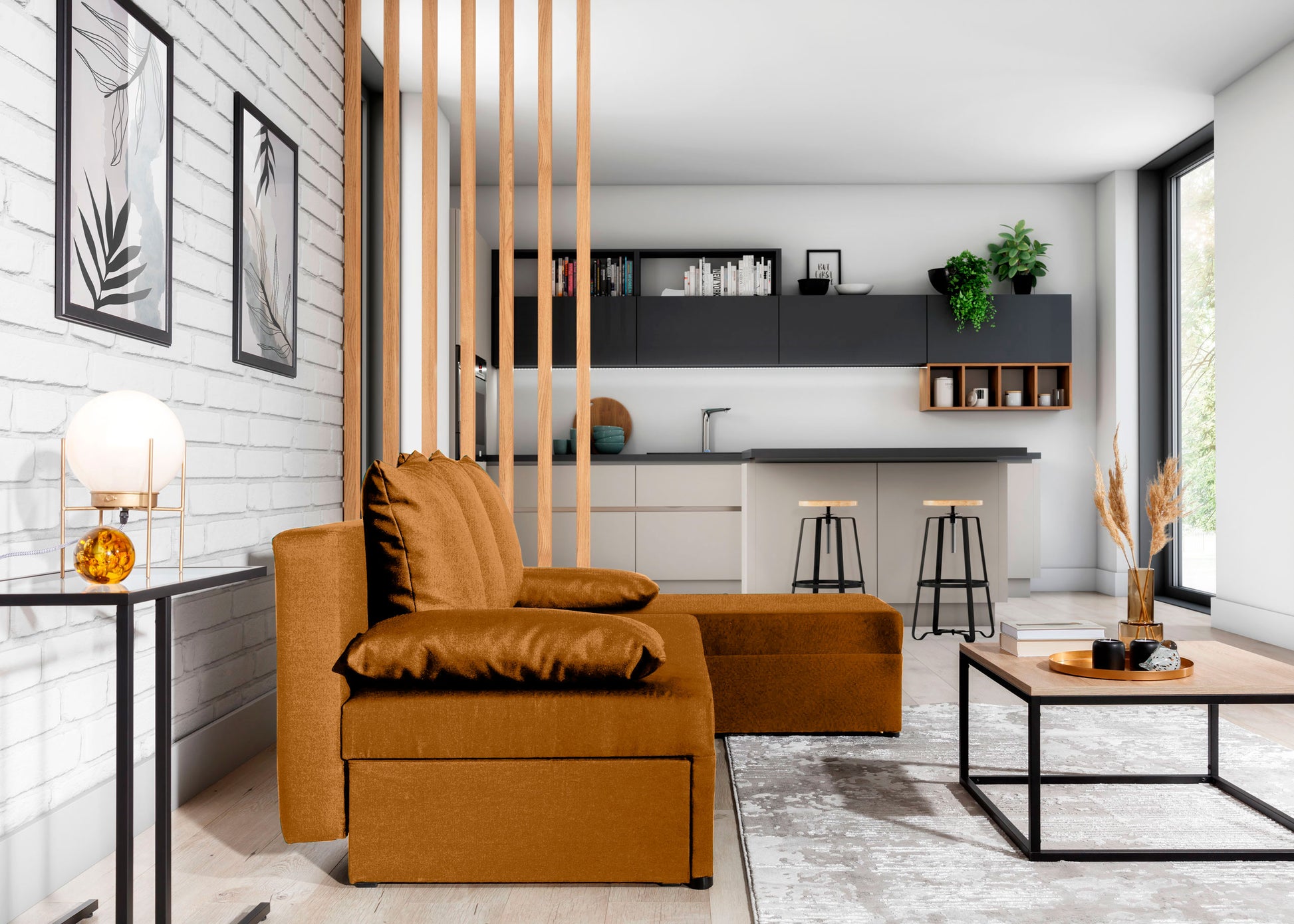 Narożnik Gino w kolorze Nube 45 żółty, widok z boku w przestronnym salonie z dużymi oknami i jasnym wystrojem.