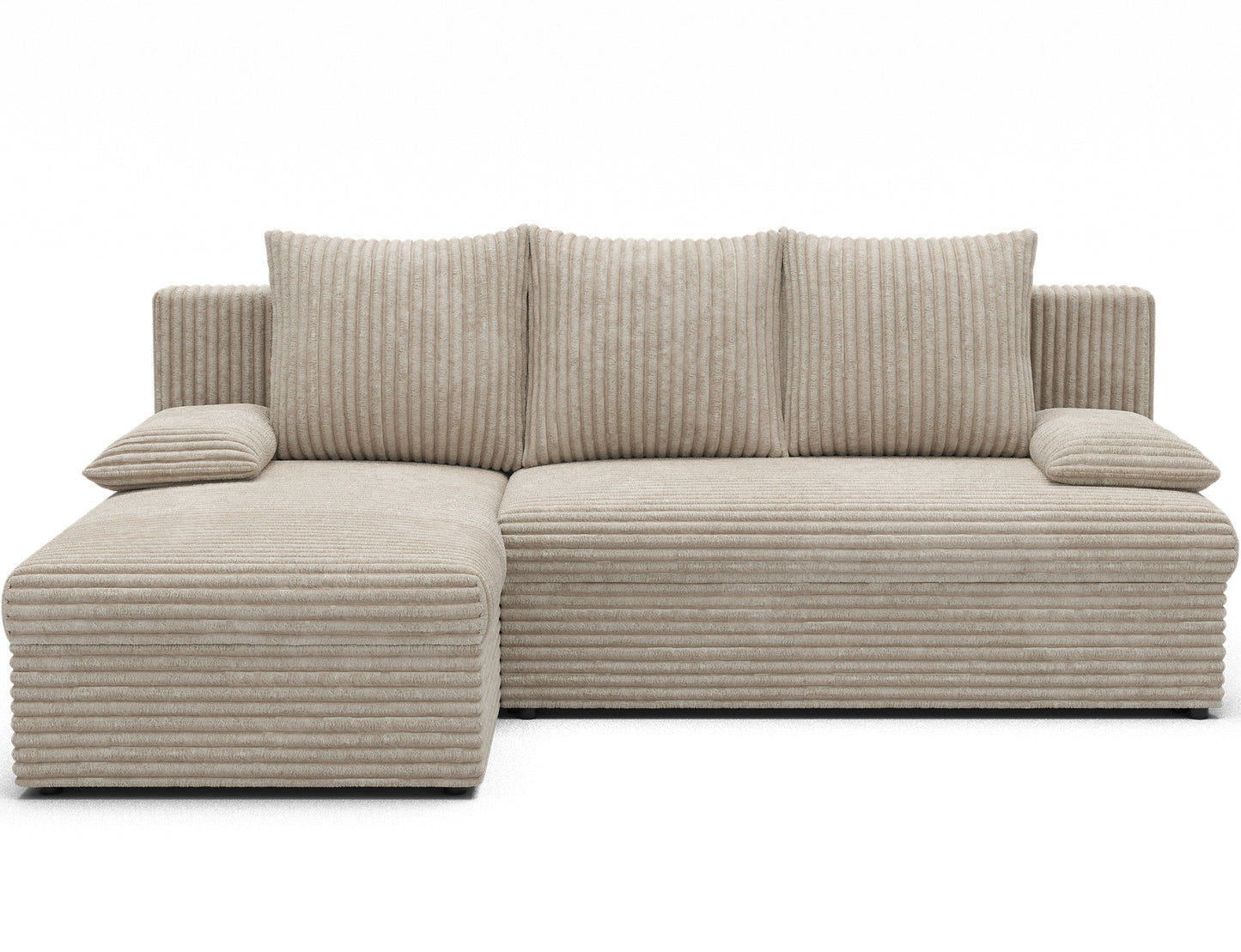 Uniwersalny narożnik Gino w tkaninie Modullo 18 alabastrowy, nowoczesna sofa z szezlongiem i dekoracyjnym prążkowaniem