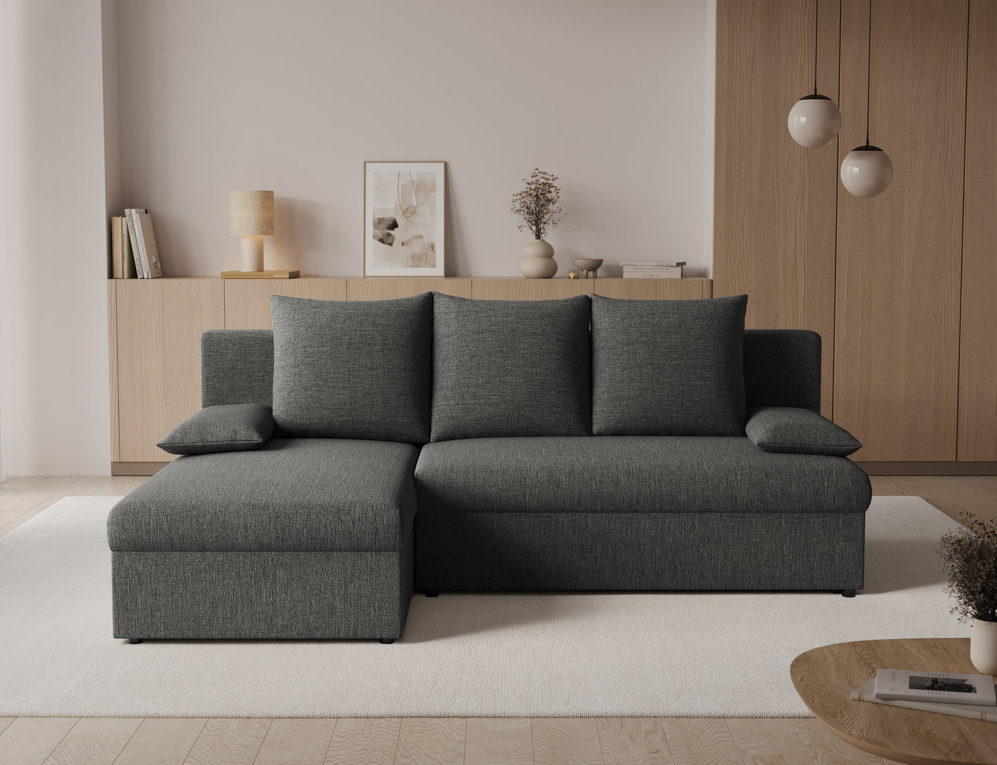 Narożnik Gino uniwersalny w tkaninie Sawana 05 antracyt, elegancki narożnik do salonu z funkcją wypoczynku i minimalistycznym designem