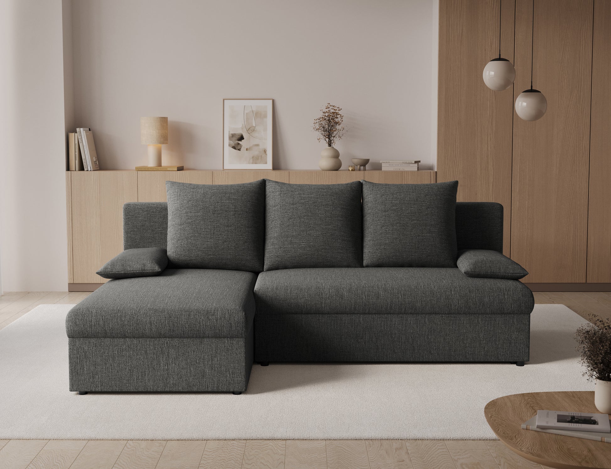 Narożnik Gino uniwersalny w tkaninie Sawana 05 antracyt, elegancki narożnik do salonu z funkcją wypoczynku i minimalistycznym designem
