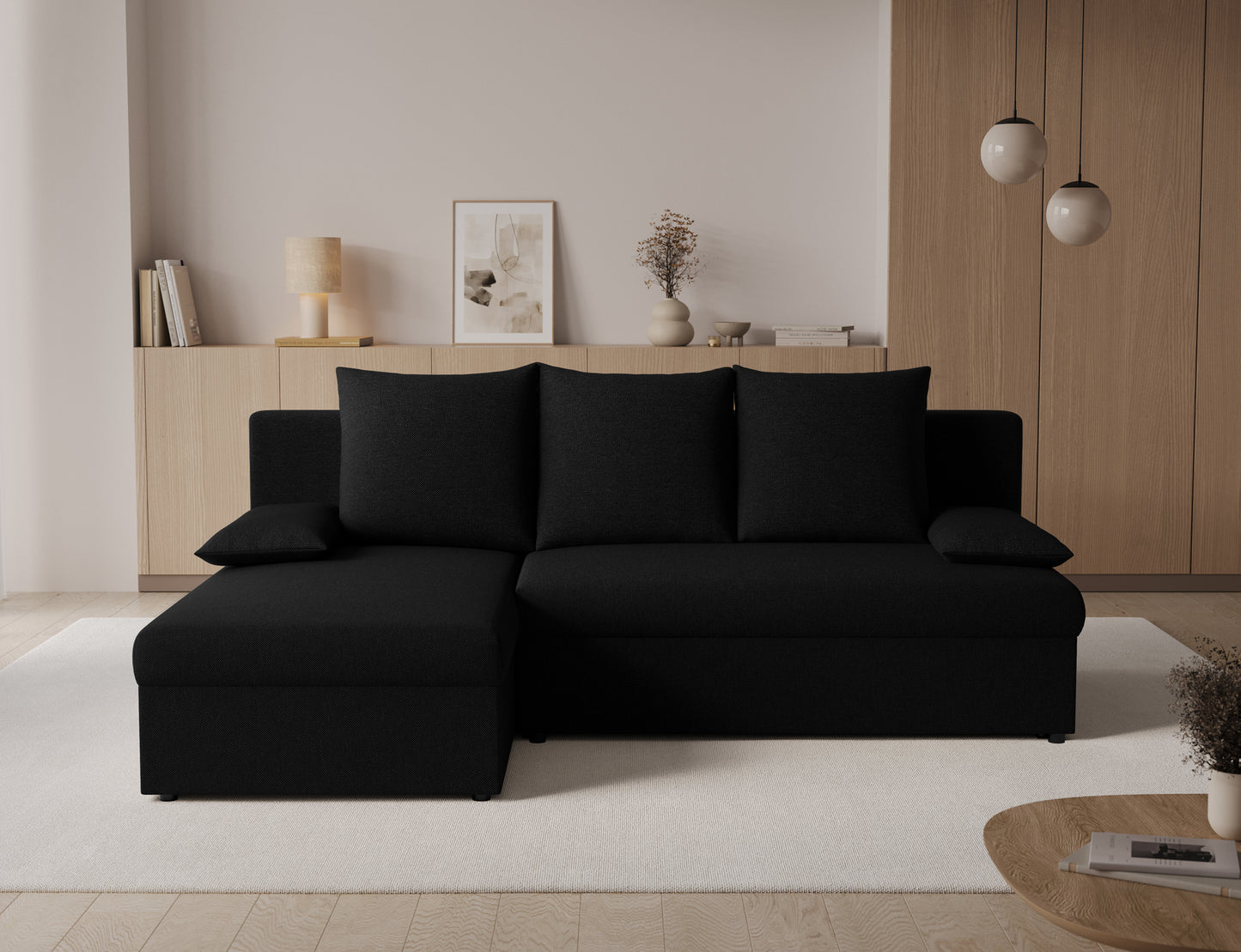 Czarny narożnik Gino uniwersalny Sawana 14, wygodna sofa z funkcją relaksu, miękkimi poduszkami i minimalistycznym designem do salonu.