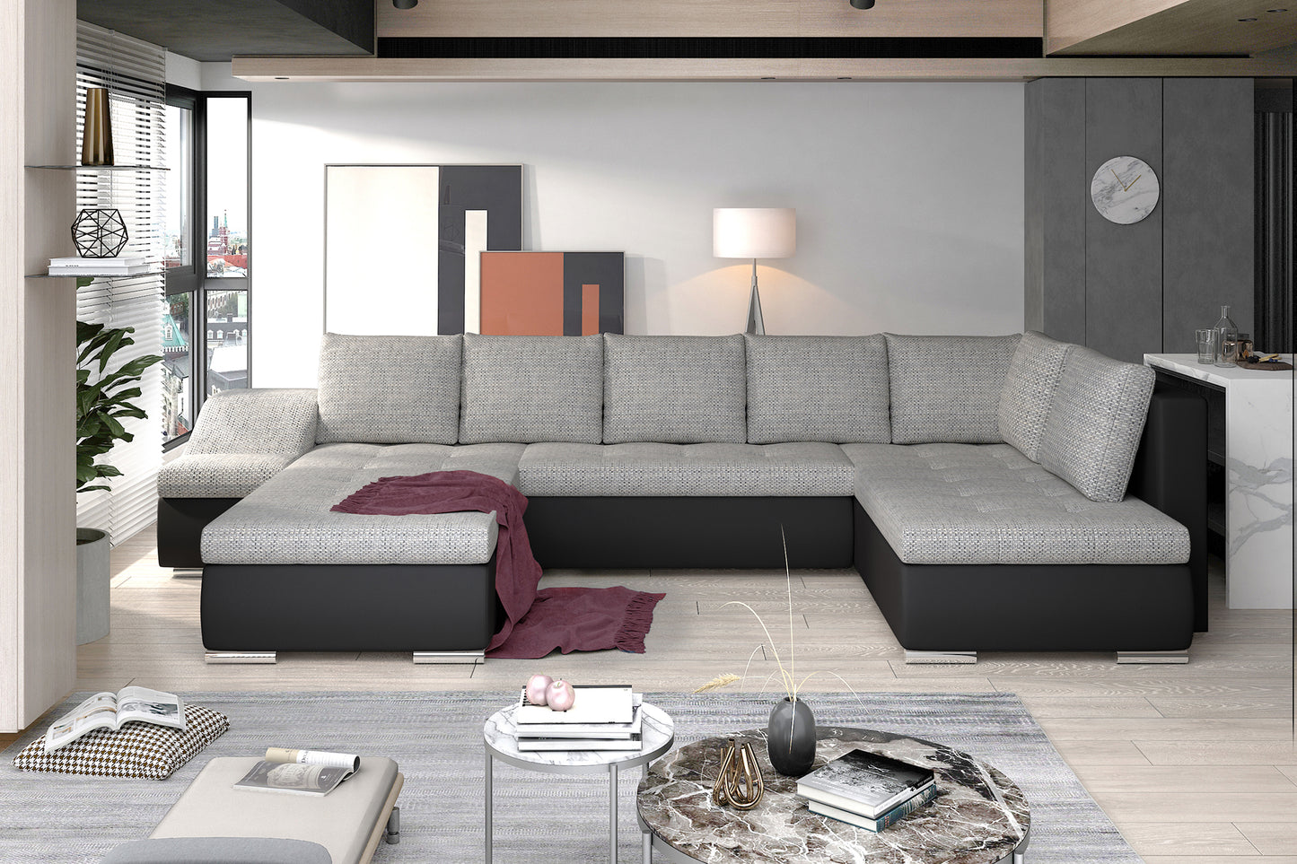 Narożnik Giovanni Berlin 01 szary / Soft 11 czarny w nowoczesnej aranżacji salonu