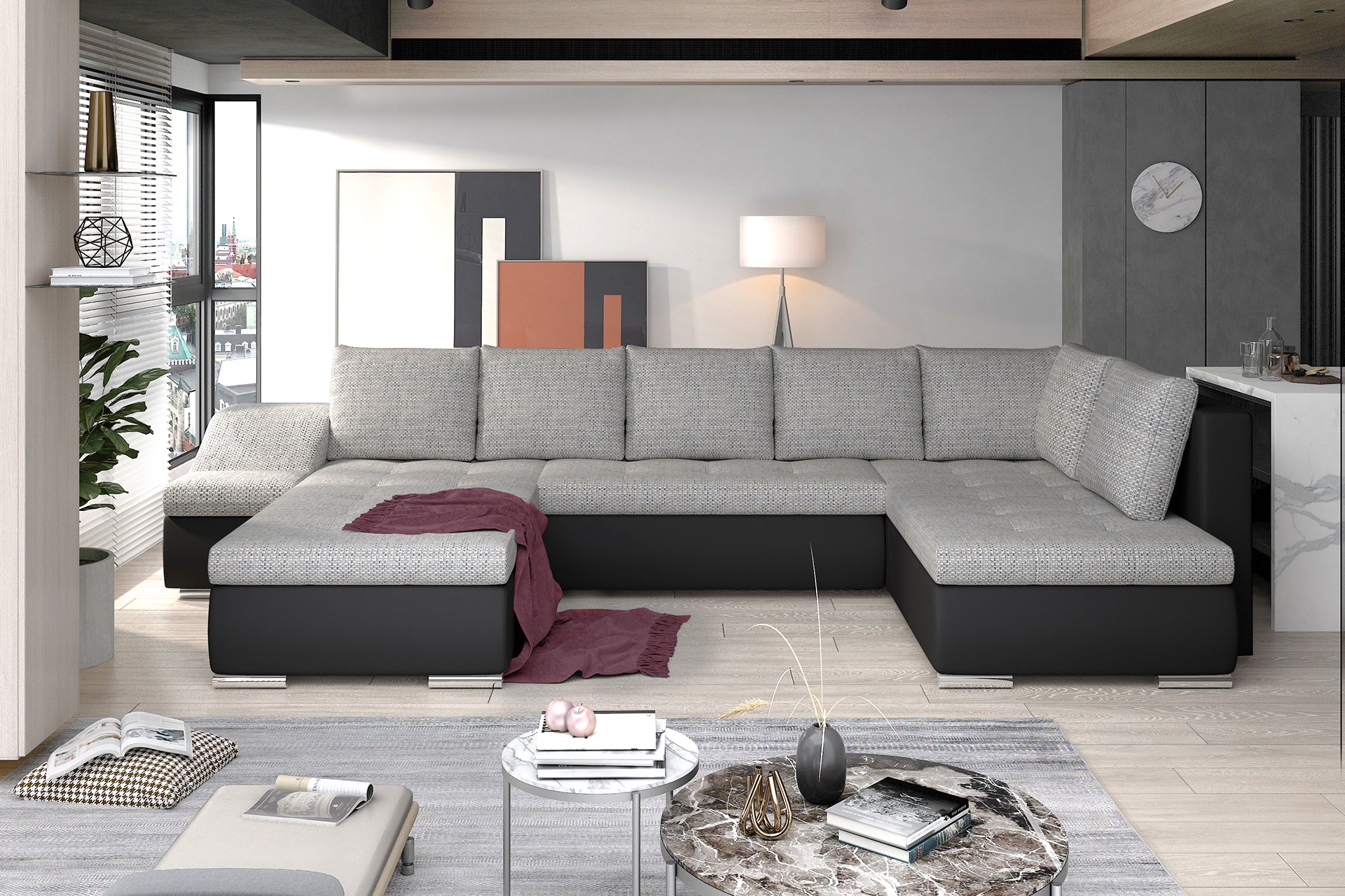 Narożnik Giovanni Berlin 01 szary / Soft 11 czarny w nowoczesnej aranżacji salonu