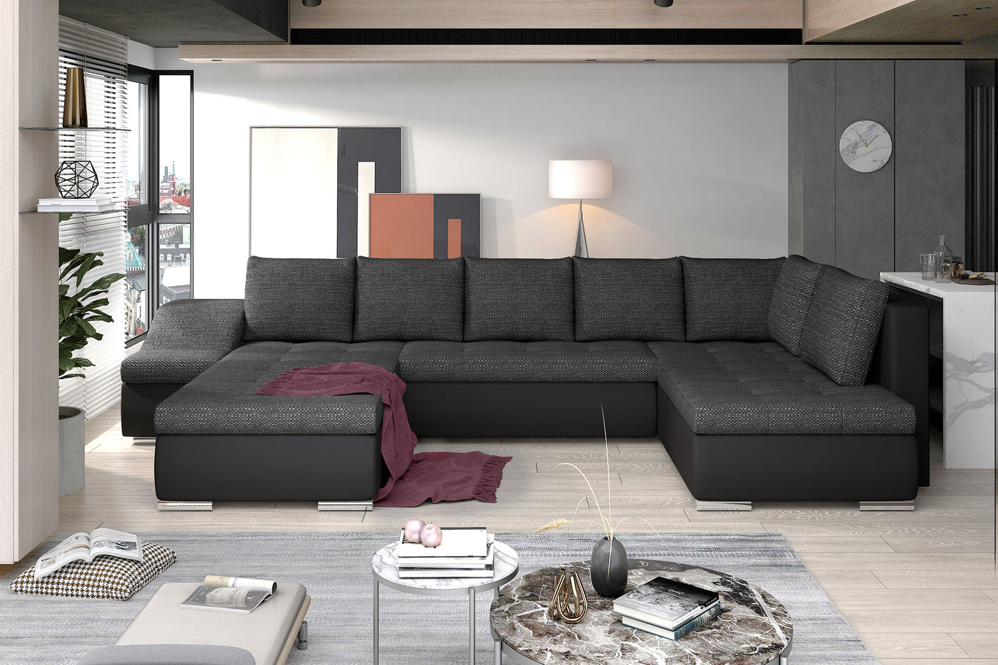 Narożnik Giovanni Berlin 02 czarny / Soft 11 czarny w nowoczesnej aranżacji salonu