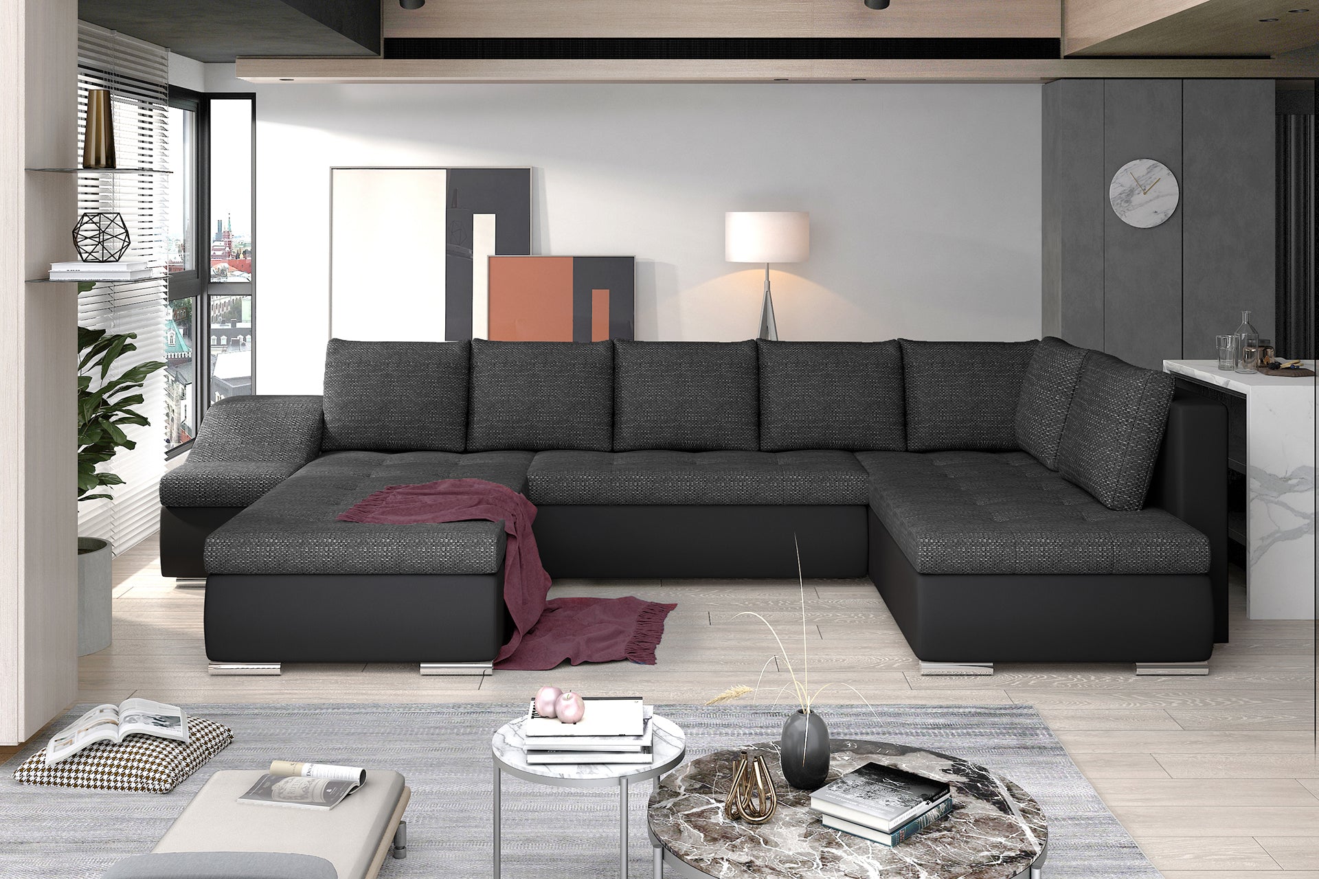 Narożnik Giovanni Berlin 02 czarny / Soft 11 czarny w nowoczesnej aranżacji salonu