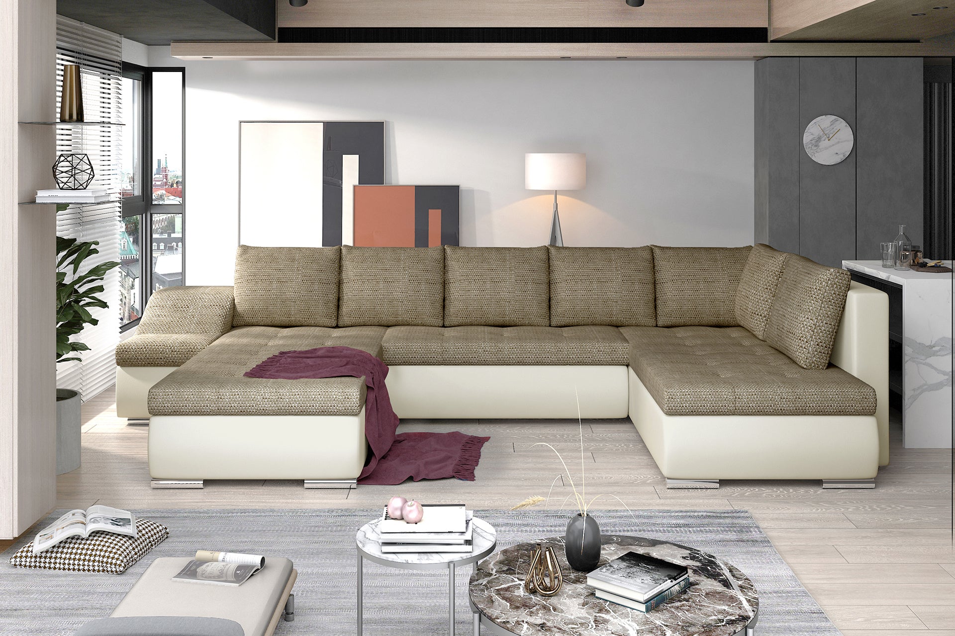 Narożnik Giovanni Berlin 03 ciemnobeżowy / Soft 33 beżowy w nowoczesnej aranżacji salonu