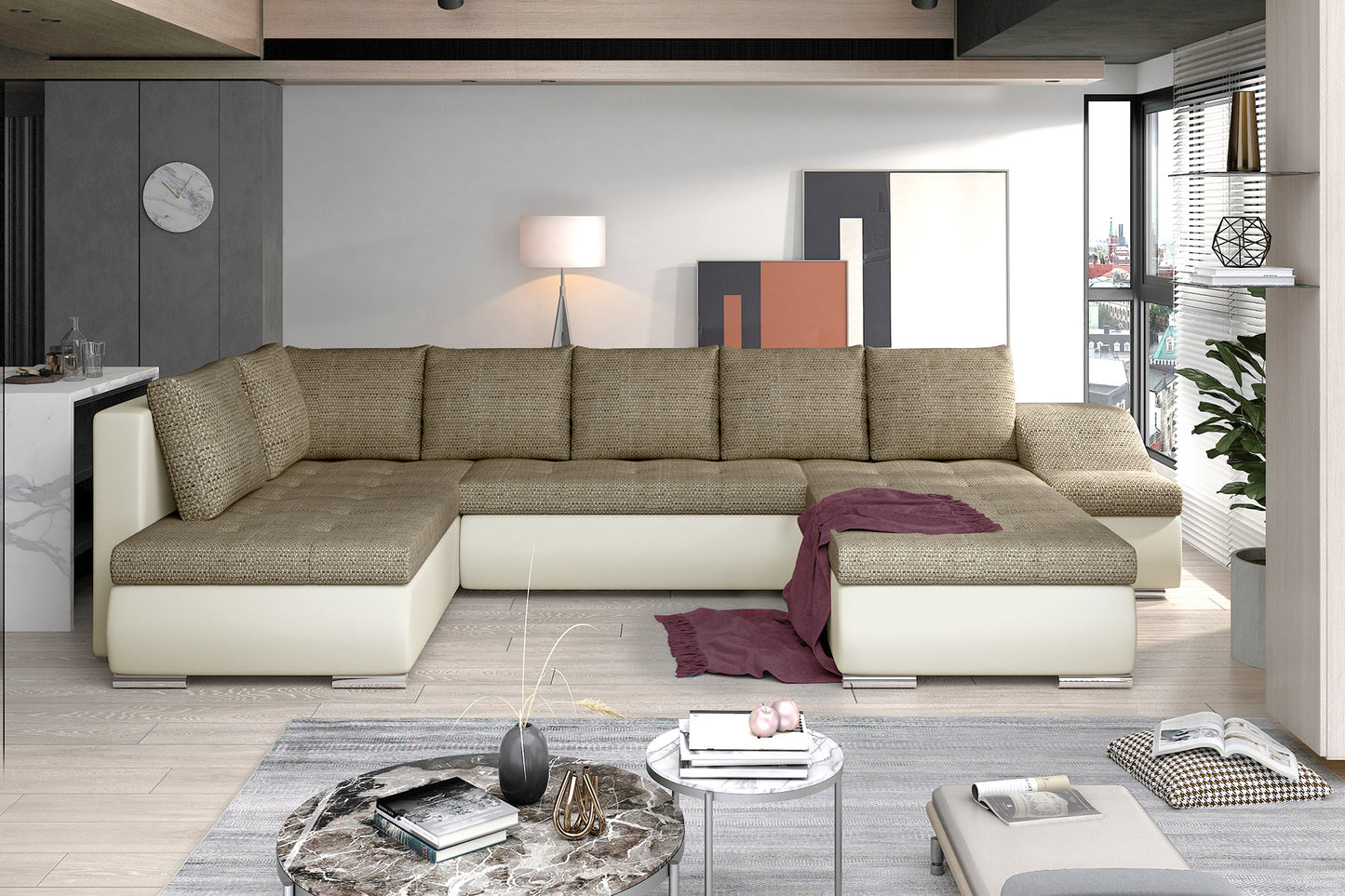 Beżowy narożnik Giovanni Berlin 03 i Soft 33 w eleganckiej aranżacji salonu, modułowa sofa narożna