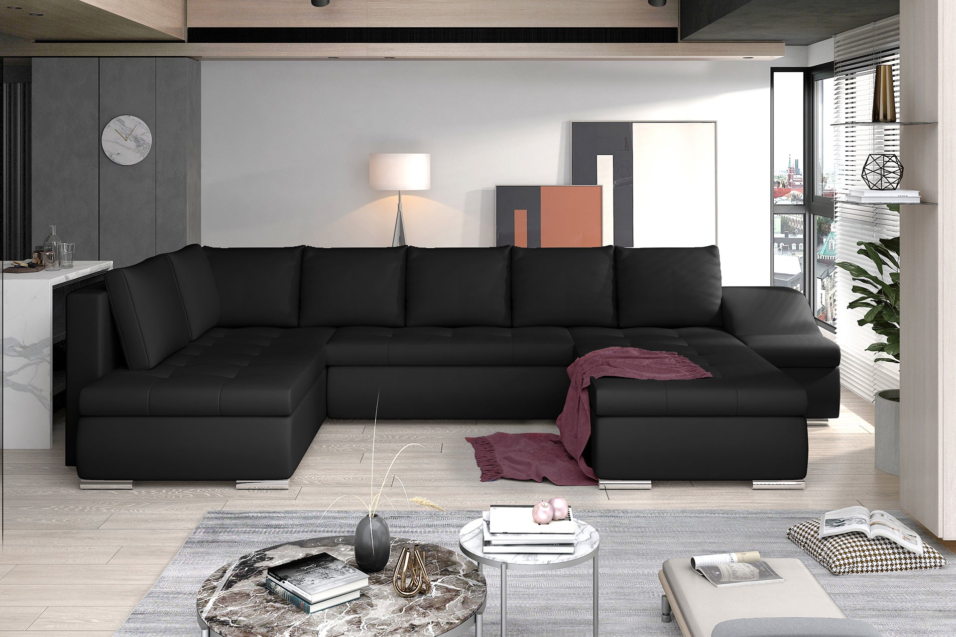 Narożnik Giovanni czarny Soft 11 w nowoczesnej aranżacji salonu, obszerna sofa narożna