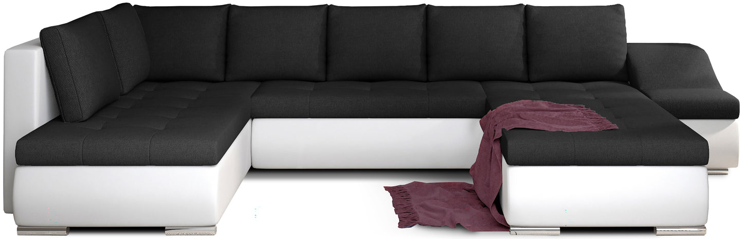 Narożnik Giovanni czarny Sawana 14 z białymi elementami Soft 17, modułowa sofa narożna na białym tle