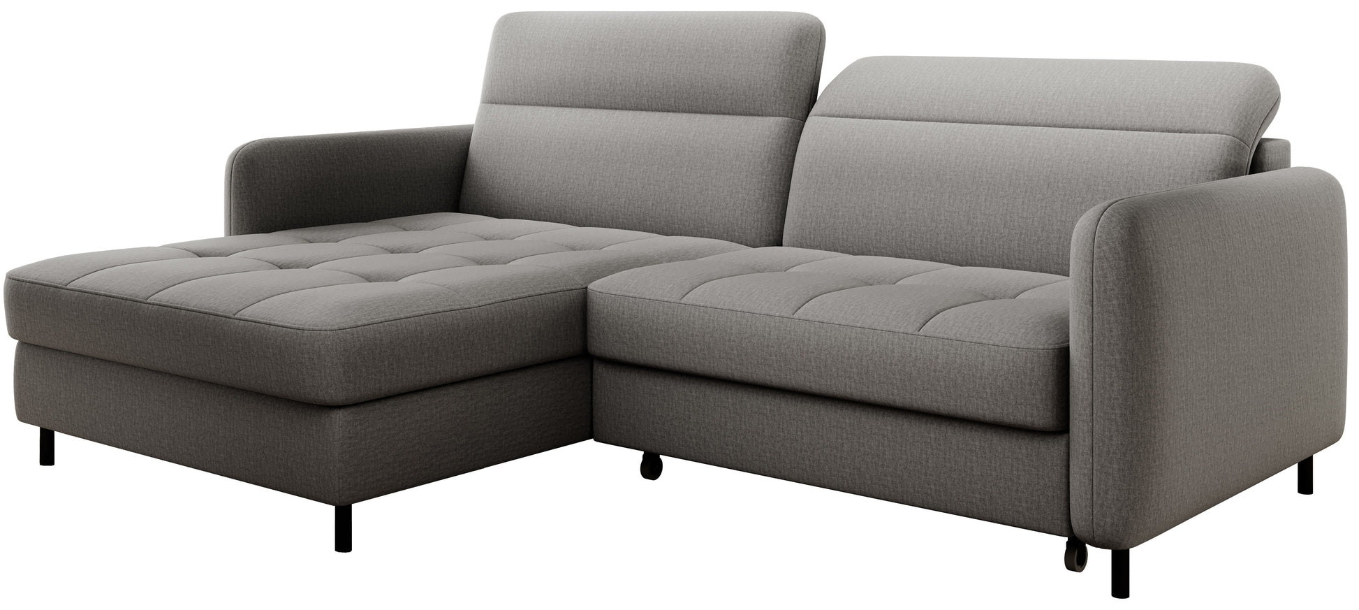 Narożnik Gomsi Manhattan 03 jasnoszary w układzie lewym – boczny, lekko ukośny widok pokazujący profil podłokietnika i czarne, metalowe nóżki.