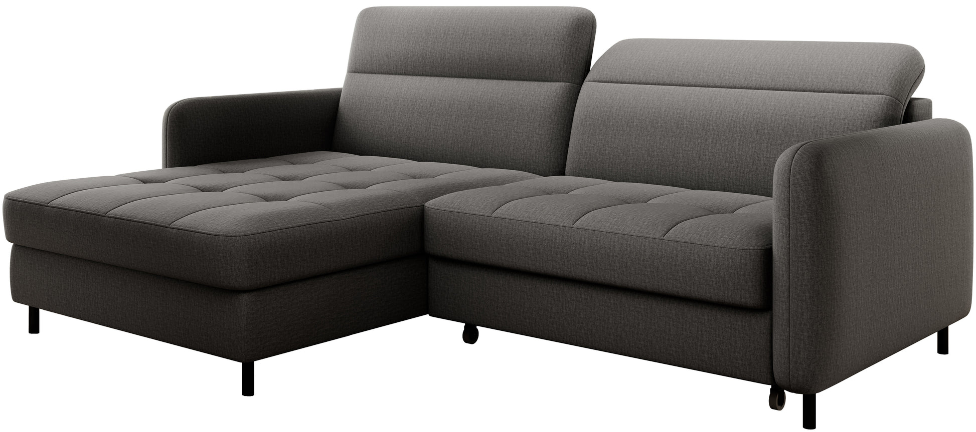 Trzy-czwarte perspektywa narożnika Gomsi – widok z ukosa od przodu, eksponujący pikowaną tkaninę, zaokrąglone ramiona i szczupłe nóżki.