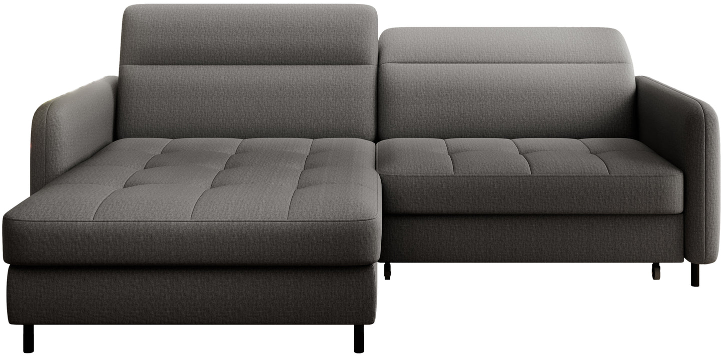 Narożnik Gomsi Manhattan 06 szary, układ lewy – widok produktowy na białym tle, pikowane siedzisko, proste oparcie i czarne metalowe nóżki.