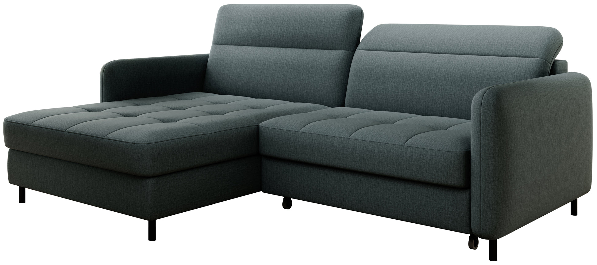 Narożnik Gomsi Manhattan 38 zielony, układ lewy – perspektywa 3/4 – ujęcie ukazujące głębię siedziska, zaokrąglone podłokietniki i kolor tkaniny na białym tle.