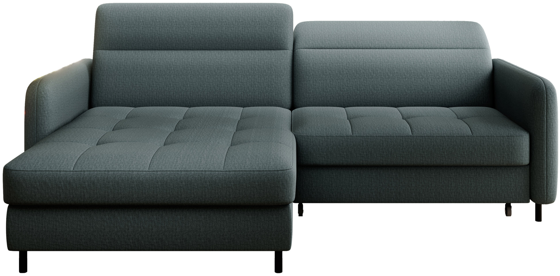 Narożnik Gomsi Manhattan 38 zielony, układ lewy – widok frontalny na białym tle, pikowane siedzisko z wydłużoną lewą szezlongą i smukłymi czarnymi metalowymi nóżkami.