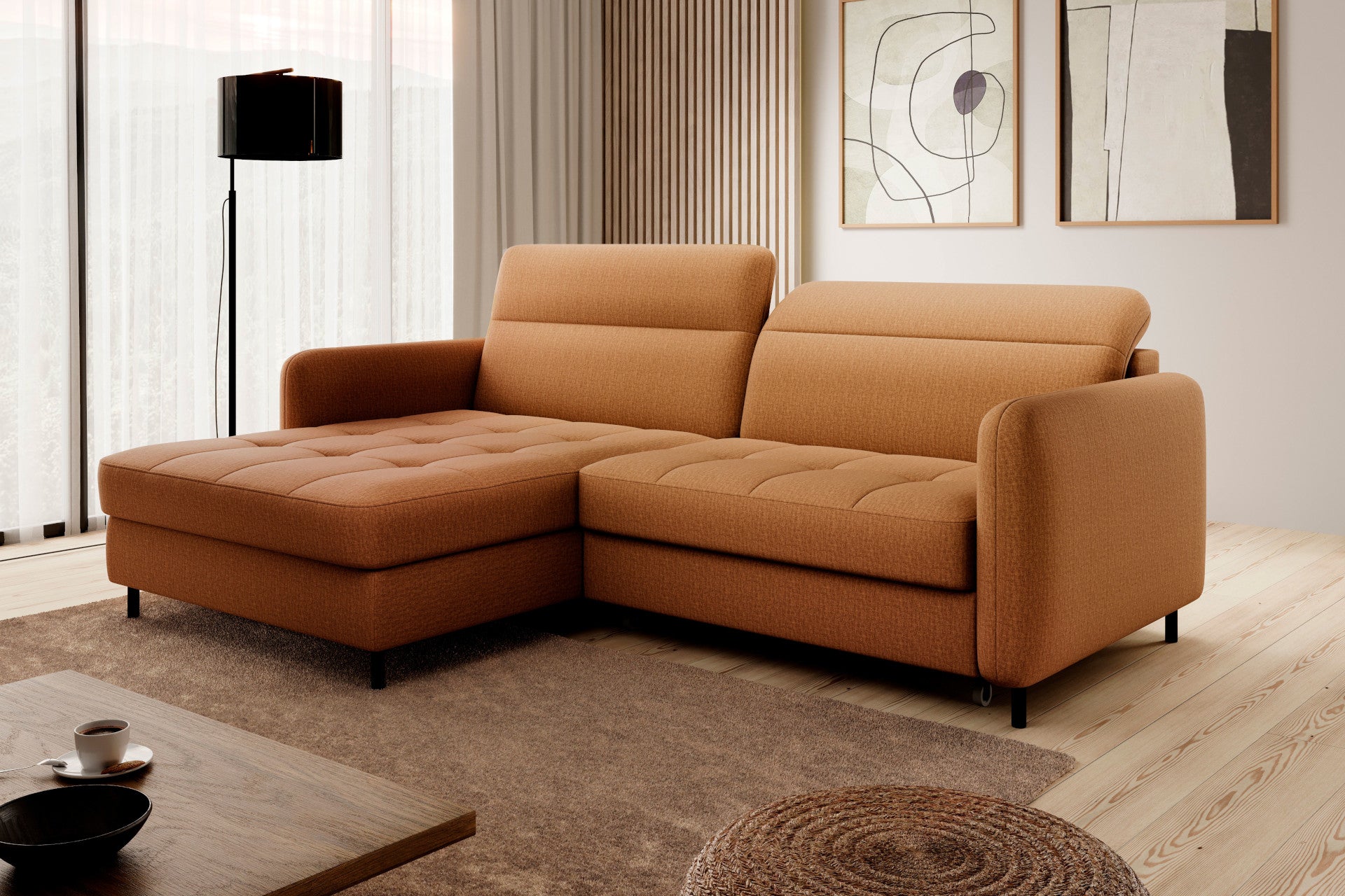 Narożnik Gomsi Manhattan 45 żółty, układ lewy – druga perspektywa 3/4 – widok na białym tle z boku, pokazujący miękkie linie oparcia i pikowaną powierzchnię szezlongu.