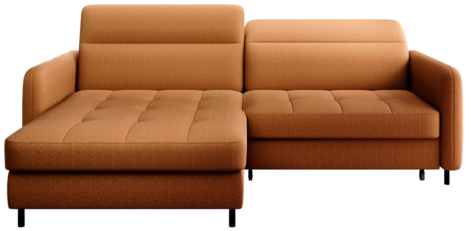 Narożnik Gomsi Manhattan 45 żółty, układ lewy – widok frontalny na białym tle, pikowane siedzisko, solidne oparcie i smukłe czarne metalowe nóżki.