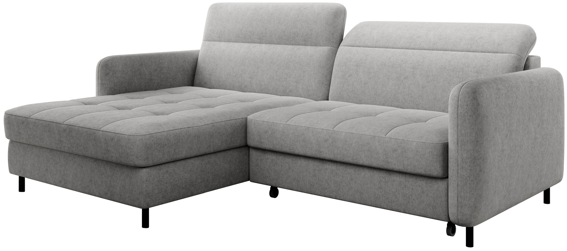 Narożnik Gomsi Raquel 03 jasnoszary w układzie lewym, widok pod kątem z przodu na białym tle.