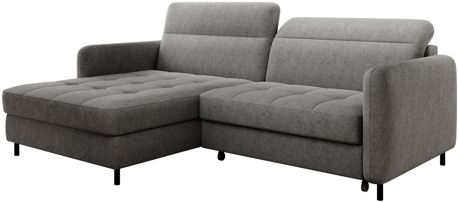 Narożnik Gomsi Raquel 04 szary w układzie lewym, widok pod kątem z przodu na białym tle.