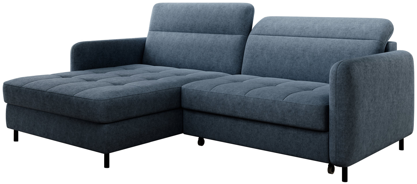 Narożnik Gomsi Raquel 40 niebieski w układzie lewym, widok pod kątem z przodu na białym tle.