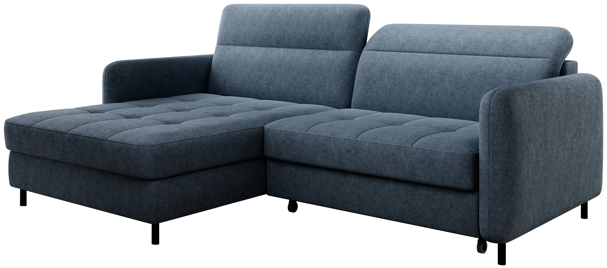 Narożnik Gomsi Raquel 40 niebieski w układzie lewym, widok pod kątem z przodu na białym tle.