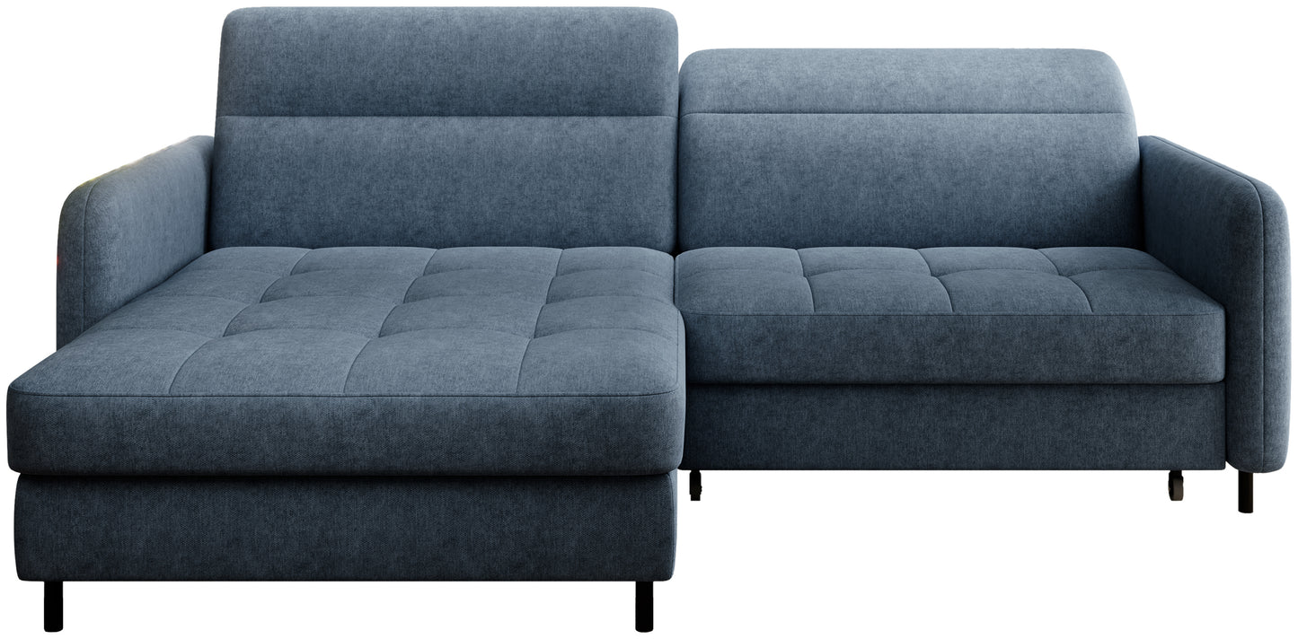 Narożnik Gomsi Raquel 40 niebieski w układzie lewym, widok frontalny na białym tle.