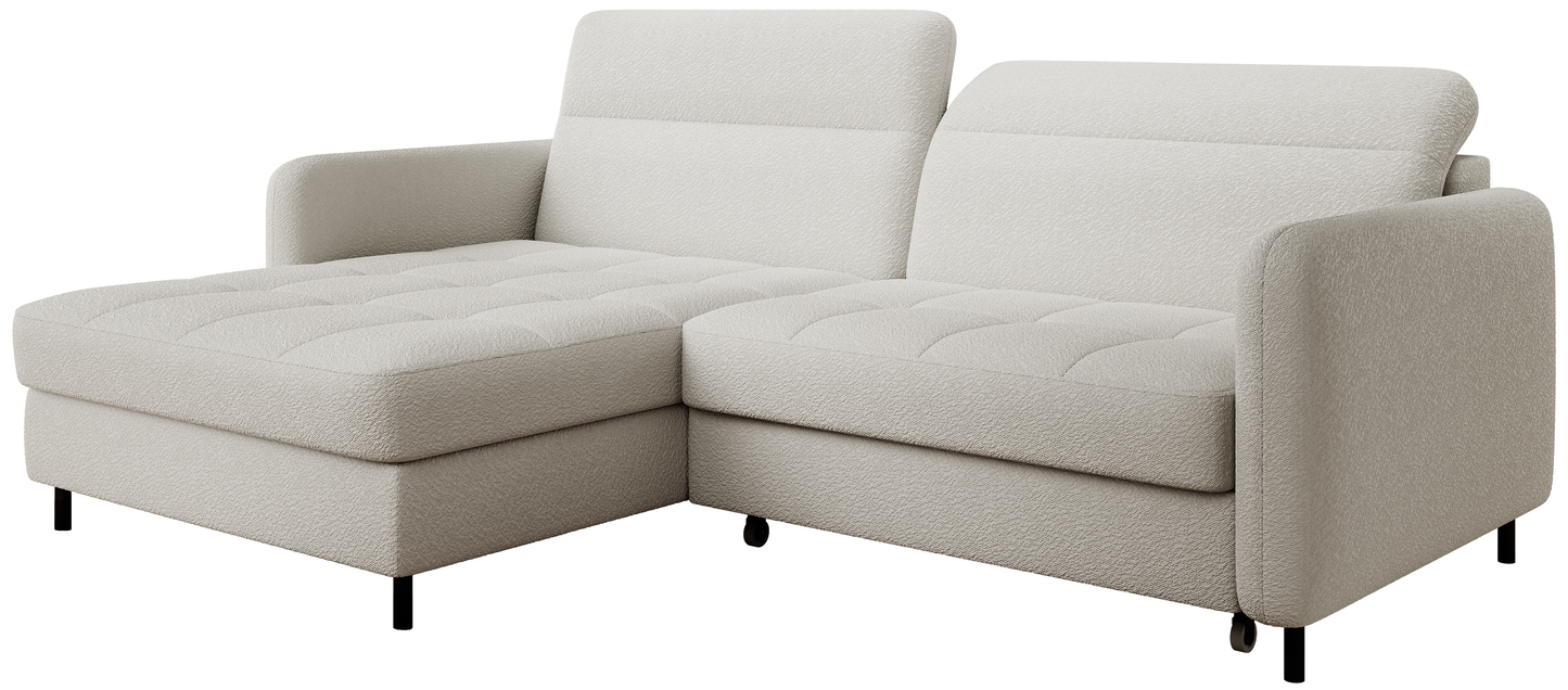 Boczne ujęcie narożnika Gomsi Royal 01 biały ukazujące profil lewego szezlonga i smukłe nóżki.