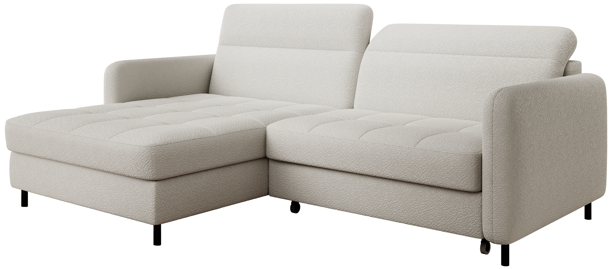 Boczne ujęcie narożnika Gomsi Royal 01 biały ukazujące profil lewego szezlonga i smukłe nóżki.