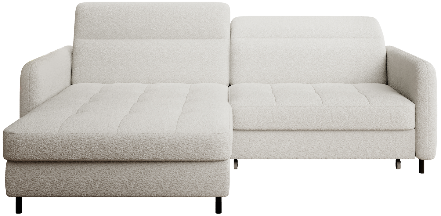 Narożnik Gomsi Royal 01 biały układ lewy na białym tle z pikowanym siedziskiem i zaokrąglonymi podłokietnikami.