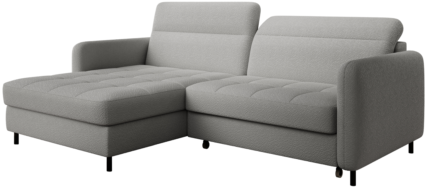 Narożnik Gomsi Royal 04 szary w układzie lewym, ujęcie z perspektywy 3/4 pokazujące zaokrąglone podłokietniki i profil siedziska.