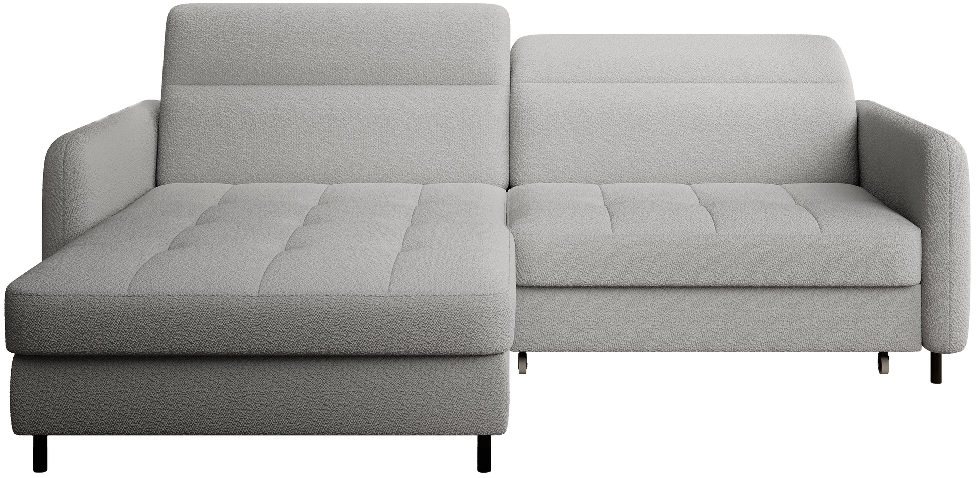 Narożnik Gomsi Royal 04 w kolorze szarym na białym tle, lewy szezlong z pikowanym siedziskiem i smukłymi metalowymi nóżkami.