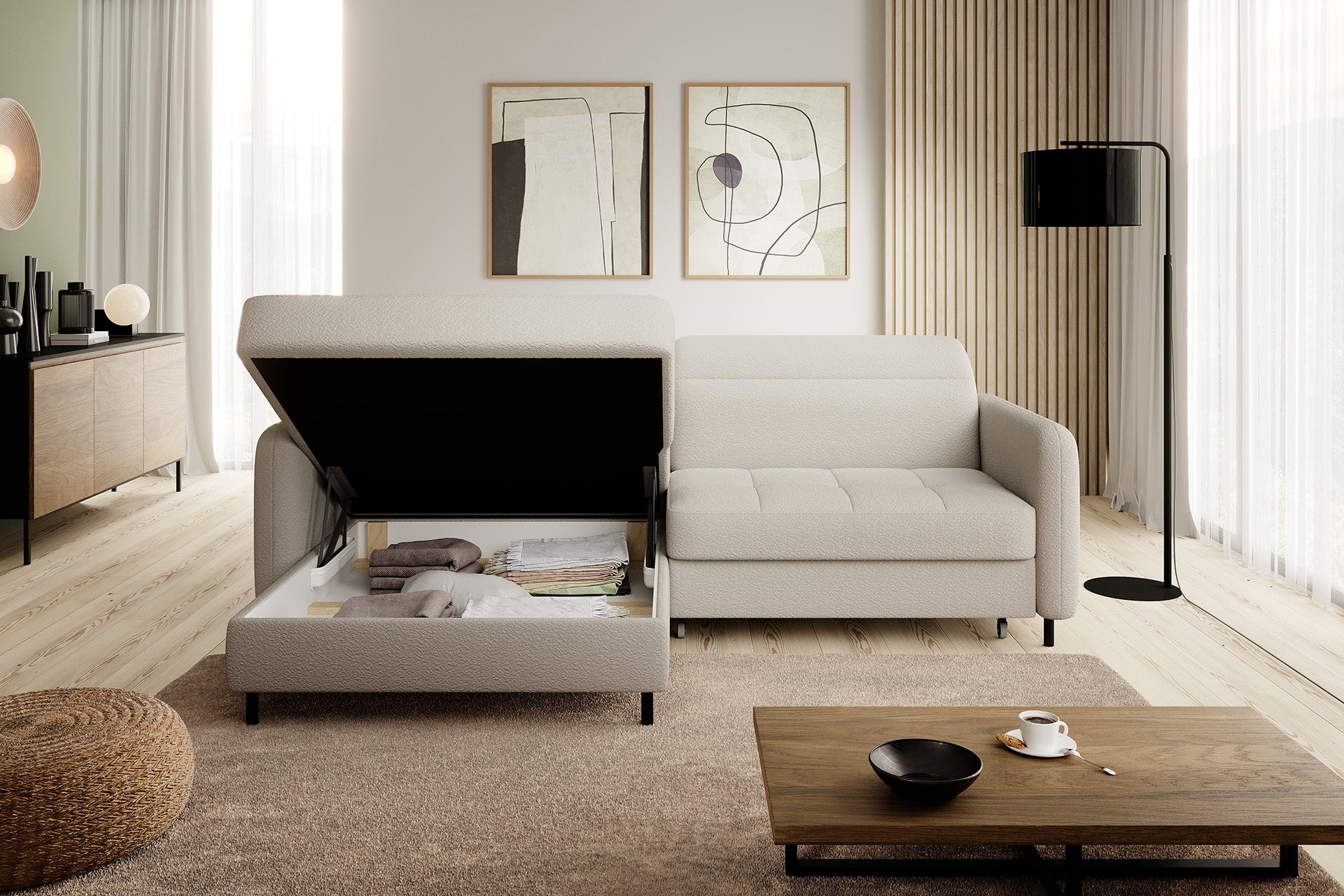 Narożnik Gomsi Royal 18 beżowy z otwartym pojemnikiem na pościel pod szezlongiem, widok studyjny.