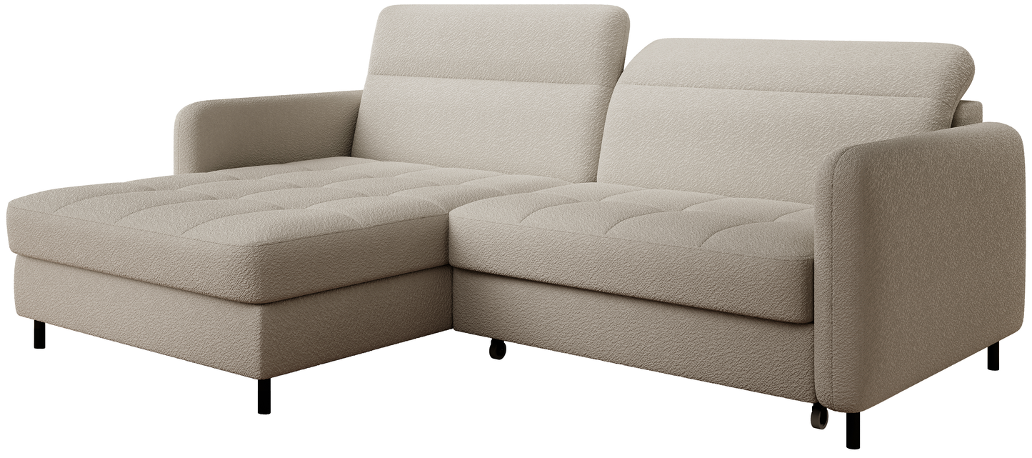 Narożnik Gomsi Royal 18 beżowy, studyjny widok pod kątem z boku, szezlong po lewej stronie.