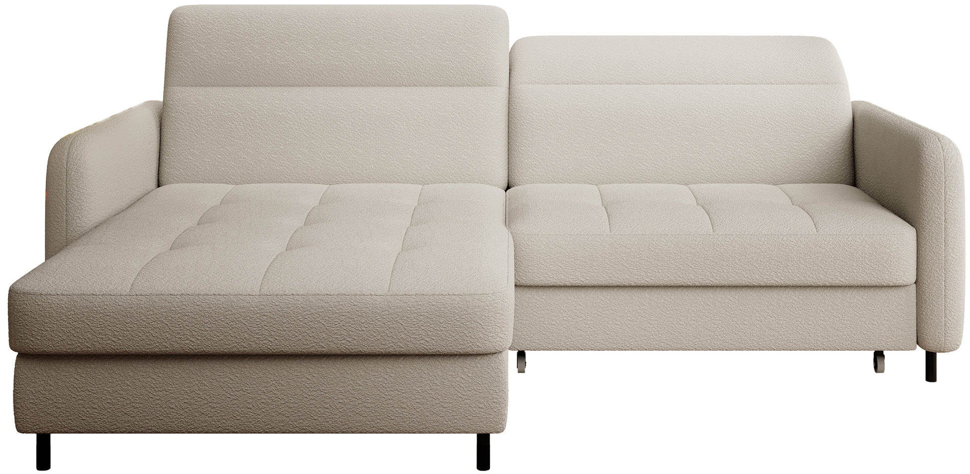 Narożnik Gomsi Royal 18 w beżowej tkaninie boucle, układ lewy, widok studyjny z przodu, szezlong po lewej stronie.