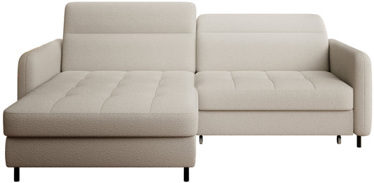 Narożnik Gomsi Royal 18 w beżowej tkaninie boucle, układ lewy, widok studyjny z przodu, szezlong po lewej stronie.