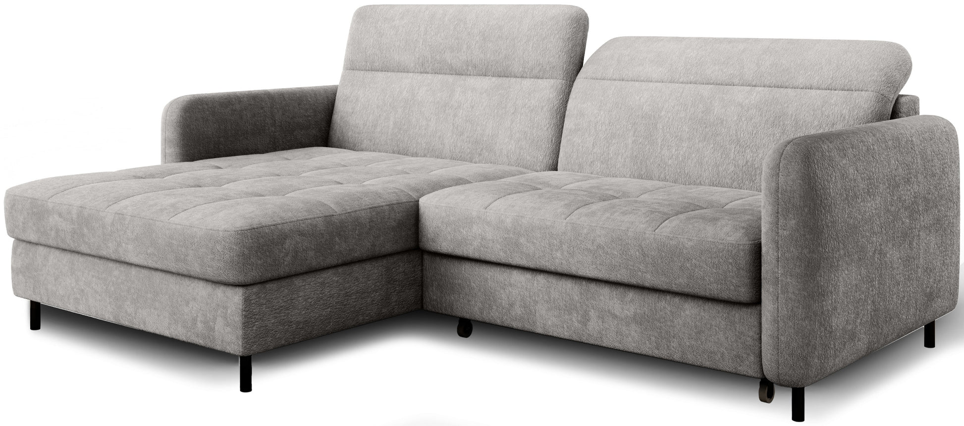 Narożnik Gomsi Raquel 03 jasnoszary w układzie lewym w ujęciu pod kątem na białym tle, eksponujący profilowane oparcia oraz smukłe, czarne nóżki.