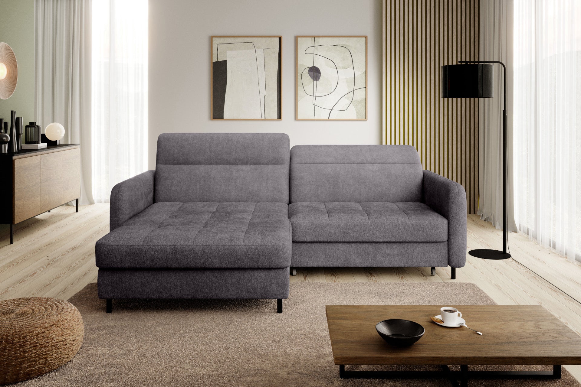 Narożnik Gomsi Touch 05 szary w układzie lewym w stylowym salonie z lampą podłogową, lamelową ścianą i stolikiem kawowym.