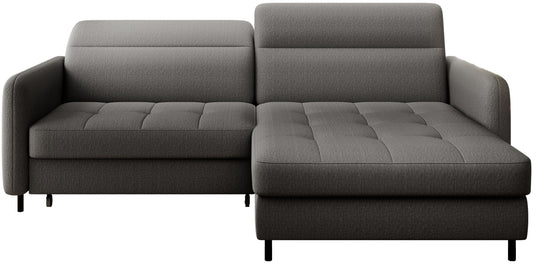 Narożnik Gomsi Manhattan 06 szary na białym tle, układ prawy, widok studyjny z przodu, szezlong po prawej stronie.