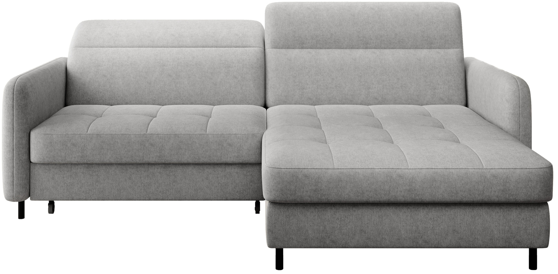 Narożnik Gomsi Raquel 03 jasnoszary na białym tle, układ prawy, widok frontalny ze szezlongiem po prawej stronie.