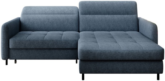 Widok frontalny izolowanego narożnika Gomsi Raquel 40 w kolorze głębokiego niebieskiego na białym tle, ukazujący pikowane siedzisko i proste podłokietniki.