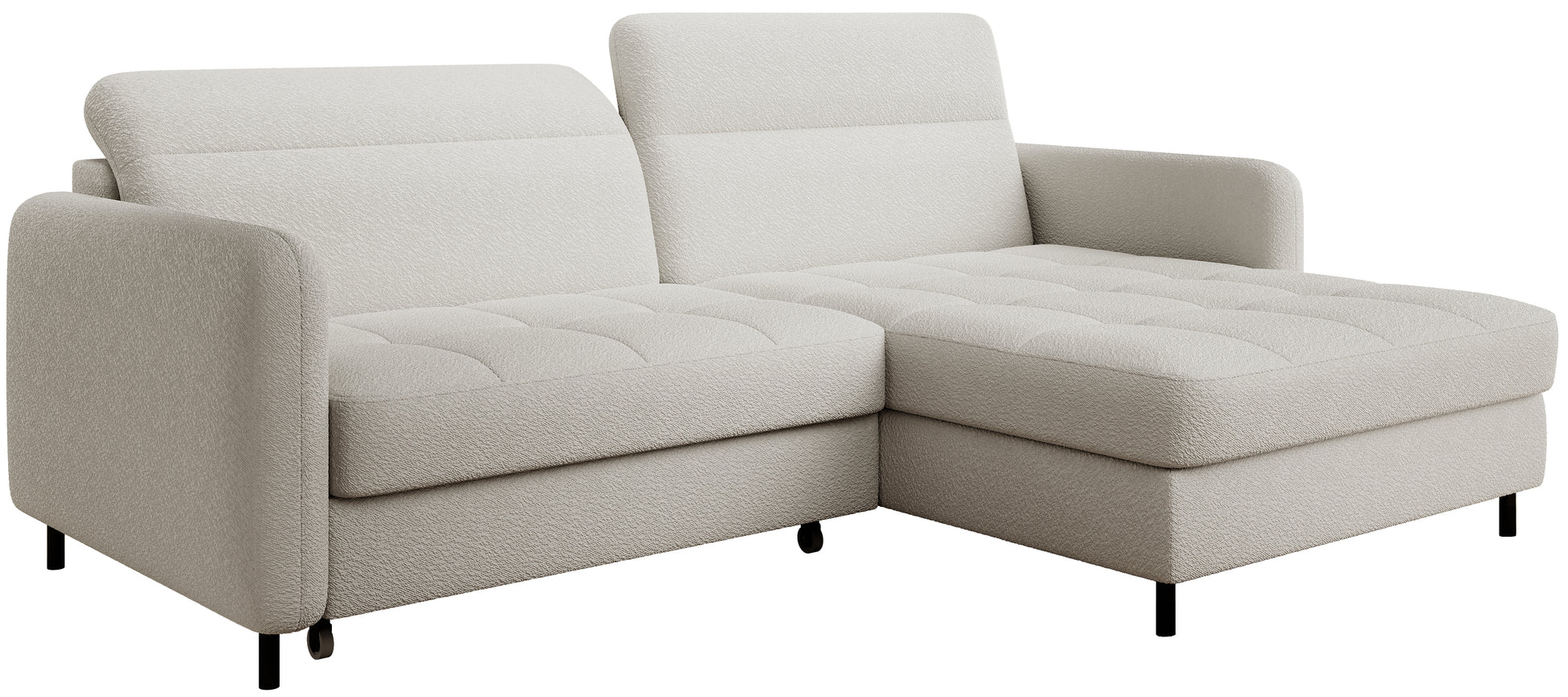 Izolowany na białym tle narożnik Gomsi Royal 01 biały w układzie prawym, ujęcie pod kątem 45° uwydatniające zaokrąglone podłokietniki i metalowe nóżki.