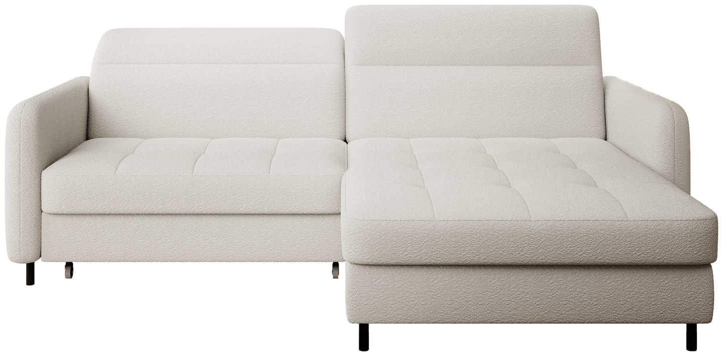 Izolowany na białym tle narożnik Gomsi Royal 01 biały w układzie prawym, widok frontowy z pikowanym siedziskiem i prostym oparciem.