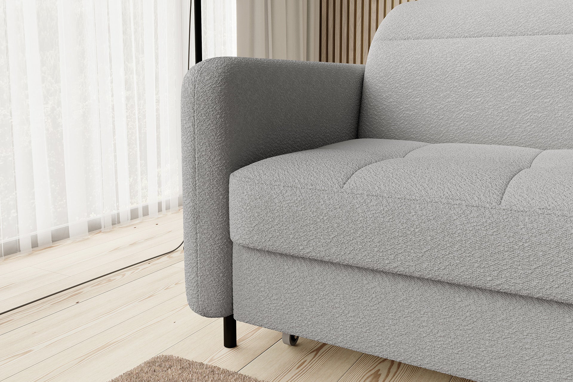 Zbliżenie podłokietnika narożnika Gomsi Royal 04 szary, eksponujące zaokrąglone krawędzie i staranne przeszycia.