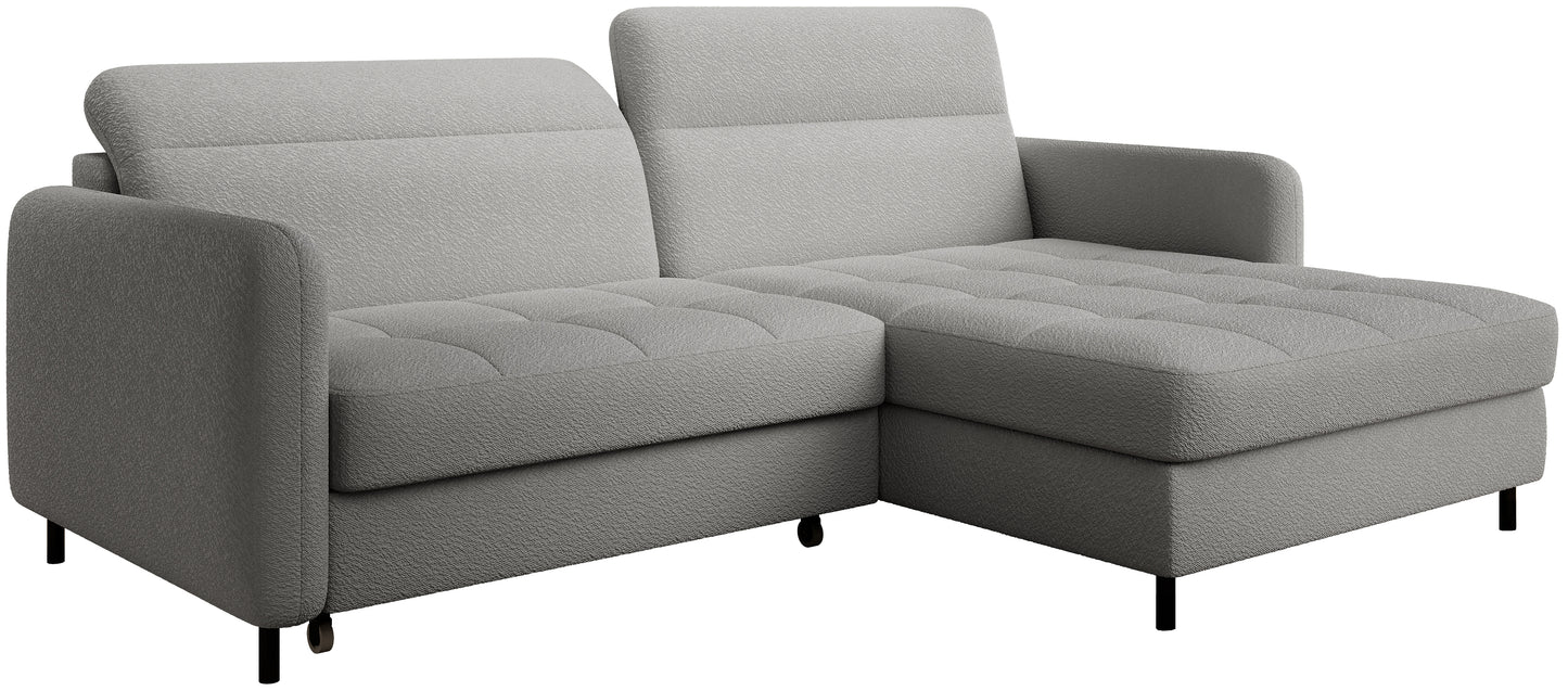 Narożnik Gomsi Royal 04 szary w układzie prawym, ujęcie pod kątem 45° eksponujące zaokrąglone podłokietniki i czarne metalowe nóżki.