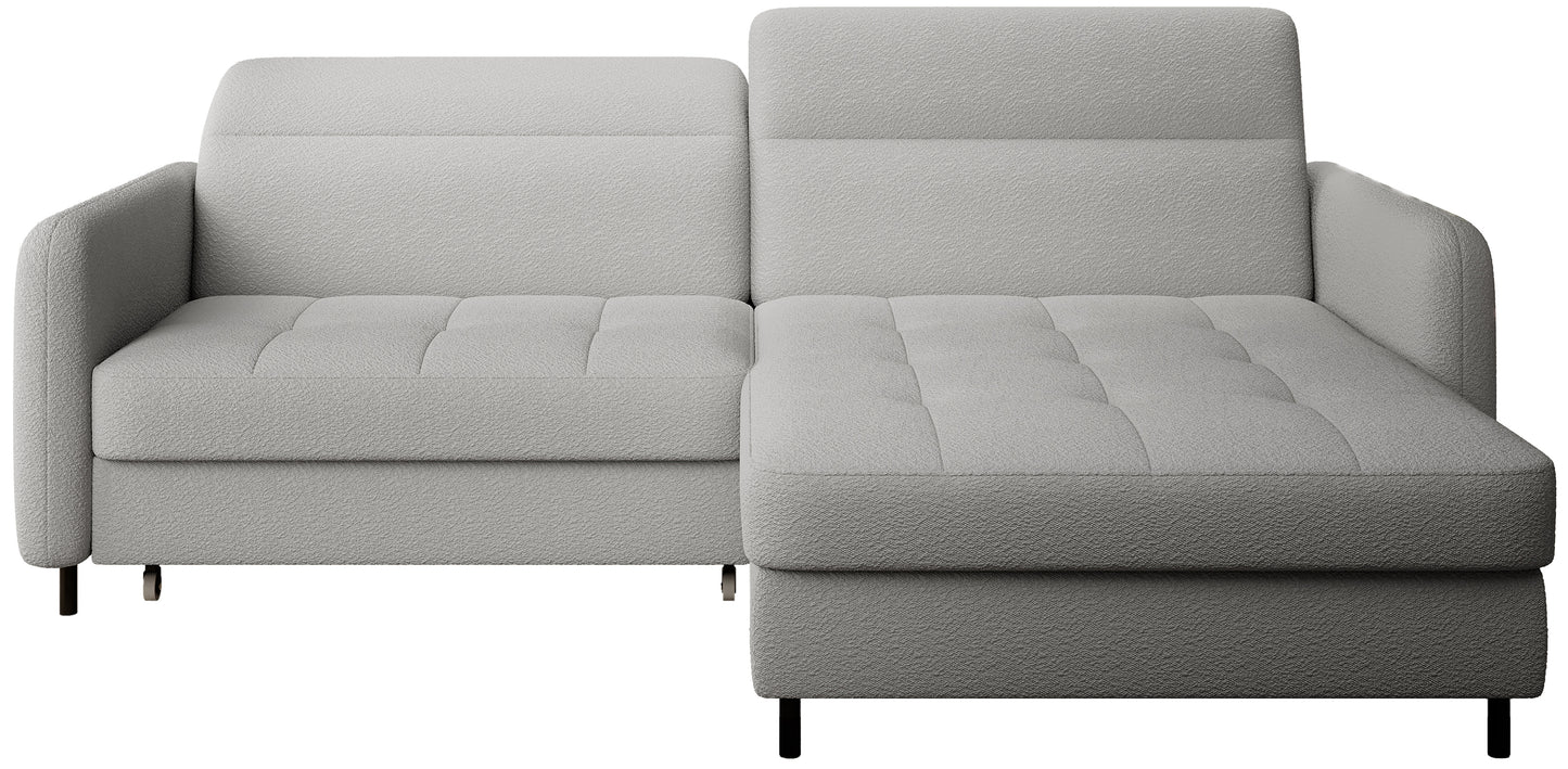 Narożnik Gomsi Royal 04 szary w układzie prawym na jednolitym białym tle, widok frontowy z pikowanym siedziskiem i niskim oparciem.