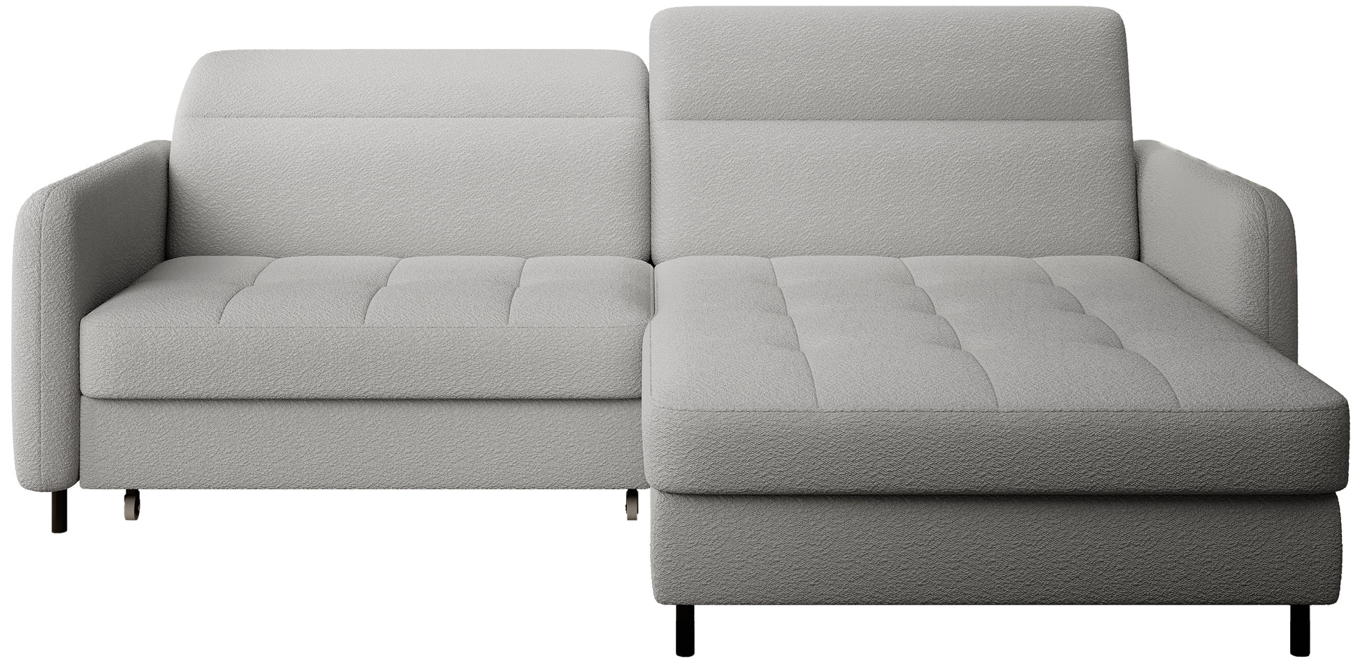 Narożnik Gomsi Royal 04 szary w układzie prawym na jednolitym białym tle, widok frontowy z pikowanym siedziskiem i niskim oparciem.