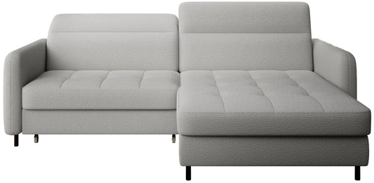 Narożnik Gomsi Royal 04 szary w układzie prawym na jednolitym białym tle, widok frontowy z pikowanym siedziskiem i niskim oparciem.