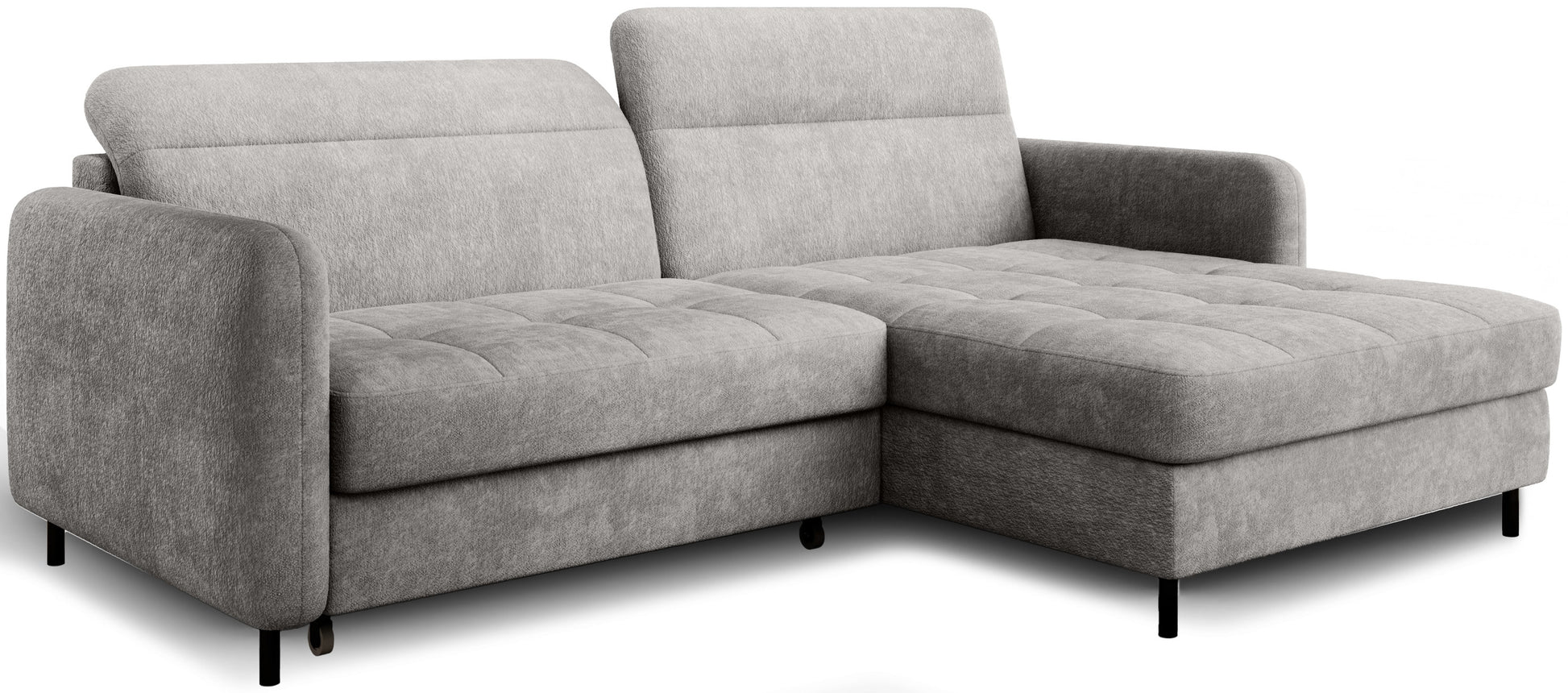 Ujęcie pod kątem 3/4 narożnika Gomsi Touch 03 w jasnoszarym obiciu, eksponujące zaokrąglone podłokietniki i subtelne czarne nóżki.