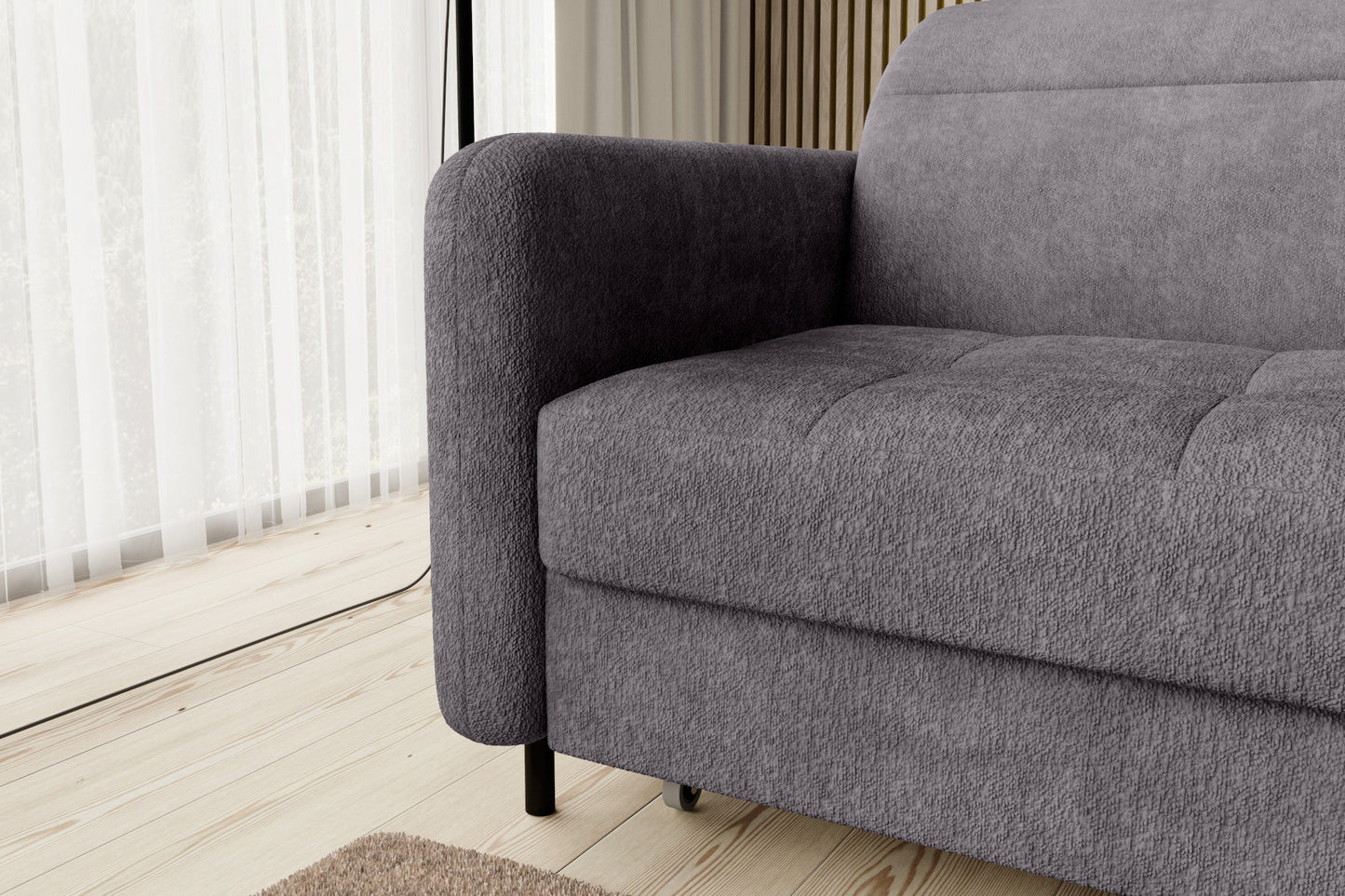 Zbliżenie na zewnętrzną powierzchnię podłokietnika narożnika Gomsi Touch 05 jasnoszary, podkreślające gładki kształt i strukturę materiału.